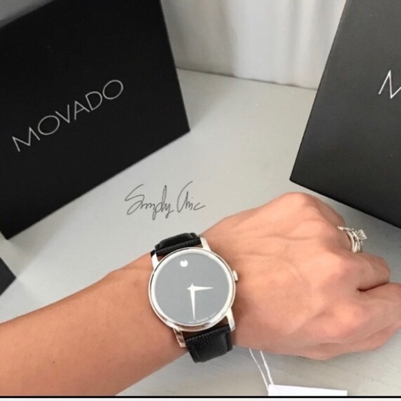 NWT Movado unisex black leather strap watch - Picture 4 of 7